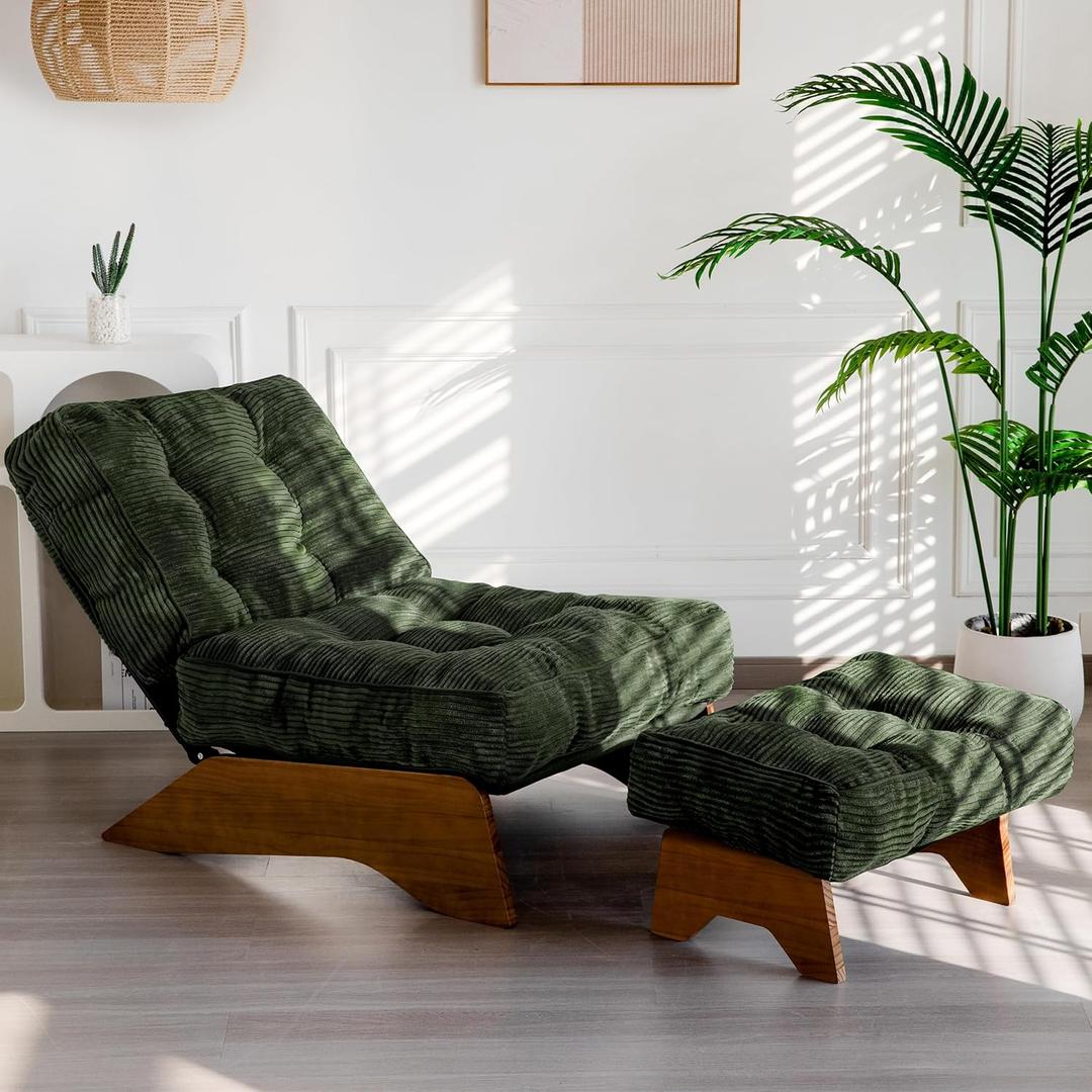 MAXYOYO Accent Chair with Ottoman Adjustable Backrest, Tufted Living Room Chair Upholstered Lounge Chair with Footrest Set, Modern Chair Cozy Reclining Chair for Reading Room, Green, Large