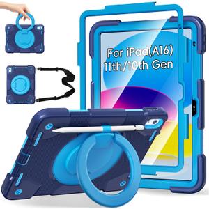Andnary Case for iPad (A16) 11th /10th Generation 11/10.9 Inch 2025/2022 with Screen Protector/360 Rotate Stand/Shoulder Strap/Pencil Holder, Shockproof iPad 11th/10th Gen Cover (Navy+Blue)