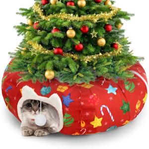 Christmas Cat Tunnel Bed Under 2.62 ft Christmas Tree Skirt with Ball for Indoor Cat Xmas Red Pet Donut Tunnel with Washable Circle Cushion Foldable Gift for Kitten Puppy Rabbit(Ball)