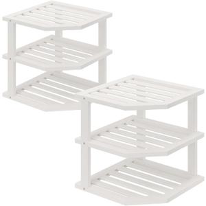VERTORGAN 3 Tier Bamboo Corner Shelf (2 Pack),Dish Drying Rack, Plate Organizer, Kitchen Spice Rack for Countertop and Cabinet (White)