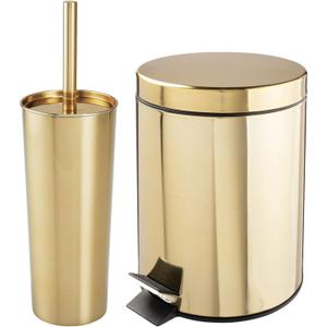 mDesign Metal Steel/Plastic Toilet Bowl Brush/Holder and Round 1.3 Gallon/5L Step Trash Can Combo Set for Bathroom; Holds Trash, Recycling, Deep Cleaning, Mirri Collection, Brass