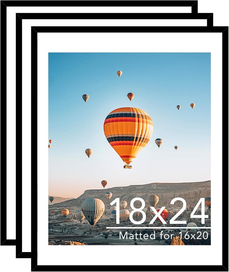 JCJMY 18x24 Picture Frame Set of 3 with 16x20 Mat, Display Photo 16x20 with Mat or 18 x 24 Without Mat, Wall Hanging Large 18 by 24 Poster Frame with Plexiglass, 3 Pack, Black