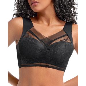 Padded No Underwire Bra Lace Wireless Back Smoothing Everyday Bras for Women Full Coverage (Black, XL)