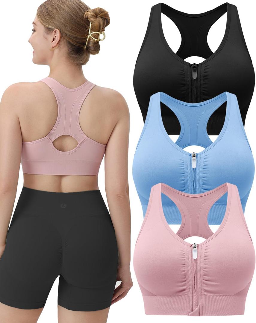 Evercute Women's Zip Front Sports Bras Wireless Padded Racerback Medium Support Post-Surgery Bra Yoga Exercise Athletic Bras Large