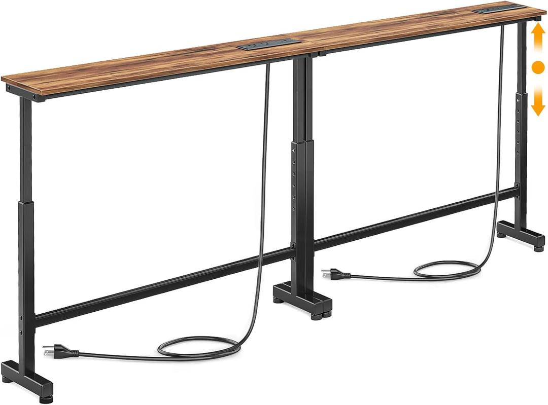 Dicasser 2 Pack Narrow Console Sofa Table with Adjustable Height (22"-33") & 2 Power Outlets, Skinny Behind Couch Table for Living Room Entryway Hallway, 79" L x 7" W x 33" H (Rustic Brown)