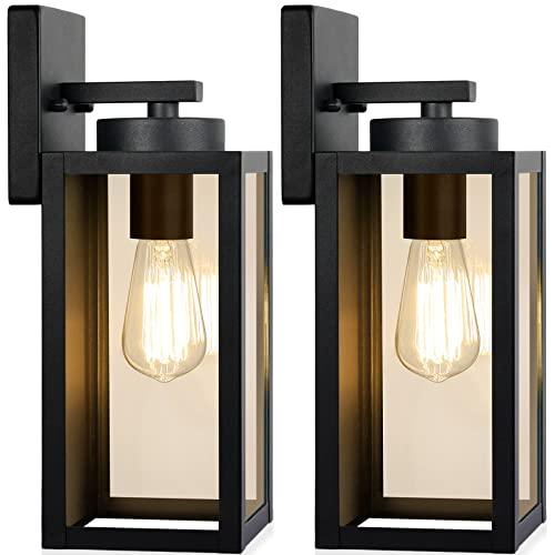 Outdoor Wall Light Fixtures, Exterior Waterproof Wall Lanterns, Porch Sconces Lighting with E26 Sockets & Glass Shades, Modern Matte Black Outside Lights for Patio Front Door Entryway Garage, 1-Pack