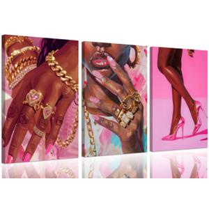 3Pcs Pink Fashion Black Girl Canvas Wall Art African American Black Woman Wall Decor Pictures Gorgeous Black Girl Posters Prints for Living Room Bedroom Artwork Home Decoration Prepare to Hang
