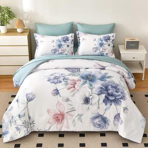 7 Piece Bed in a Bag Queen Floral Comforter Set Botanical Flower Printed on Light Blue Bedding Set, Soft Lightweight Comforter with Sheet Set for All Season (Light Blue, Queen)