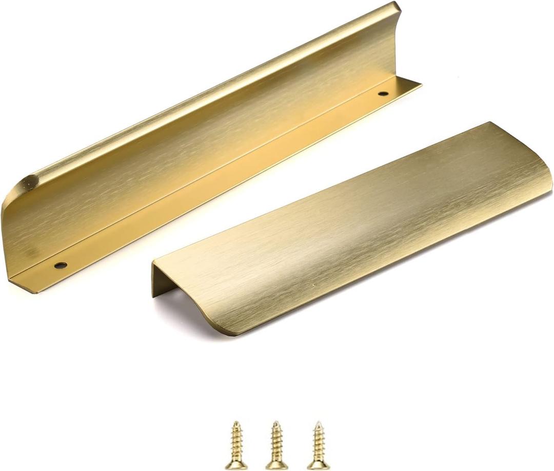 Satanga Edge Finger Tab Pulls for cabinets Kitchen Invisible Hardware Concealed Drawer Pull Aluminum Hidden Door Handles Pack of 10 Modern Brushed Gold 7.87" Overall Length Easy Installation