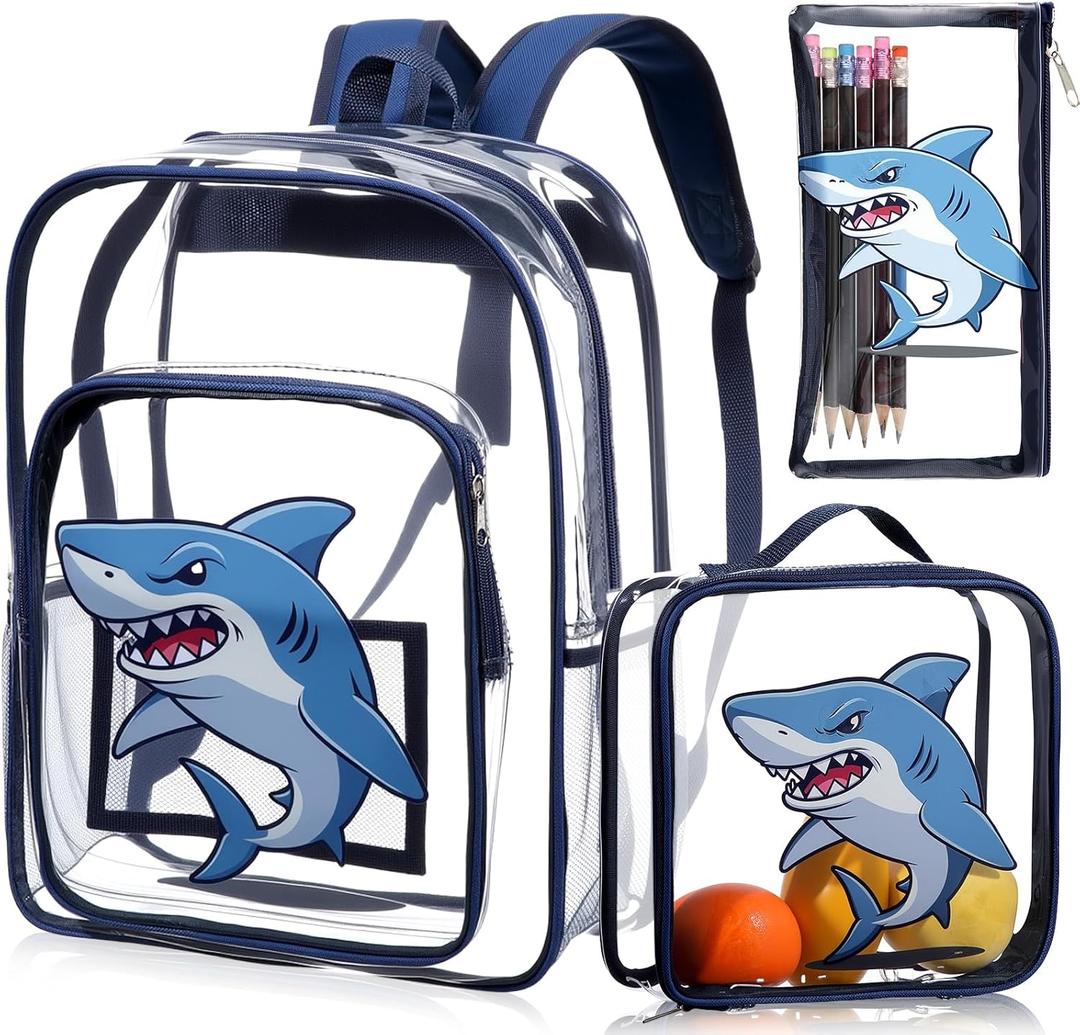 3 Pcs Kids Clear Backpack with Lunch Bag Pencil Case 16" Heavy Duty Transparent Bookbag for Boy Girl School Supplies(Shark,Navy)
