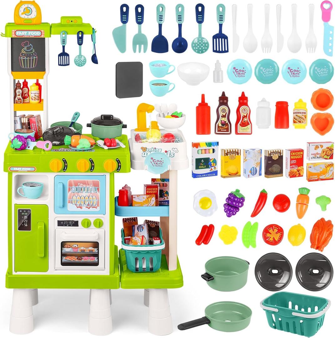 deAO Kids Kitchen Playset 39Inch Play Kitchen Set with Realistic Lights&Sounds,53Pcs Kitchen Accessories Double-Sided Pretend Play Toys kitchen for toddler 3+ Years Old Christmas Birthday Gifts(Green)