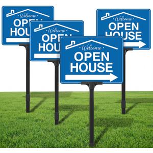 4 Pack Open House Signs for Real Estate Double-Sided Aluminum Yard Signs 15.7" x11.8" with Adjustable 32" Plastic Stakes UV Ink Outdoor Metal Yard Directional Arrows Agent Supplies(Blue)