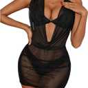 OYOANGLE Women's Sheer Mesh Halter Swimsuit Cover Up Dress Draped Front Backless Ruched Bathing Suit Coverups (X-Large, Black)