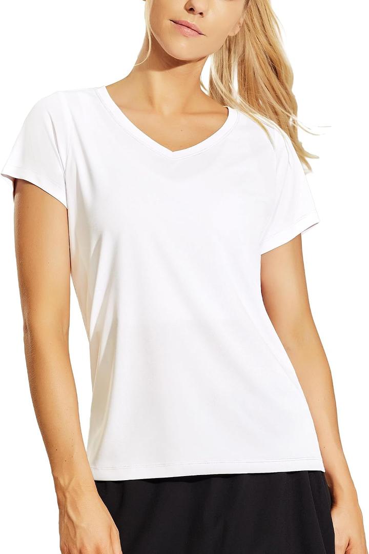 Haimont Women's Quick Dry Short Sleeve T-Shirts V-Neck UPF 50+ Tops Workout Athletic Fitness Running, Moisture Wicking