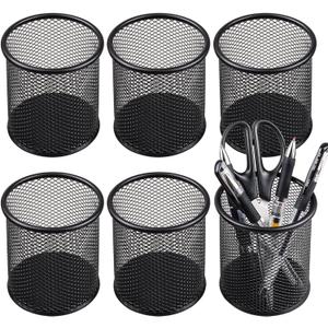 QYH Mesh Pen Cup Metal Pencil Holder for Desk 6 Packs Black Pen Organizer Office 3.54x3.93 Inch