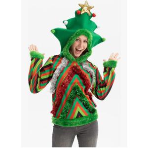 Women Ugly Christmas Hoodie for Adult Men`s Unisex Xmas Hooded Sweater Pullover for Party Festive Tinsel Rocks Medium