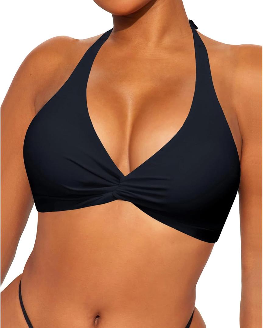 Women Push Up Bikini Top Halter Bikini Bathing Suit Tops Padded Swimsuit Tops only (Large, Black)