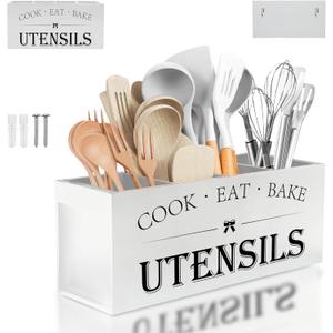 Extra Large Kitchen Utensil Holder with 4 Compartments, Wooden Countertop Organizer, Rustic Black Farmhouse Decor for Cooking Tools, Spoons, Spatulas, Knives & Forks - White Grain