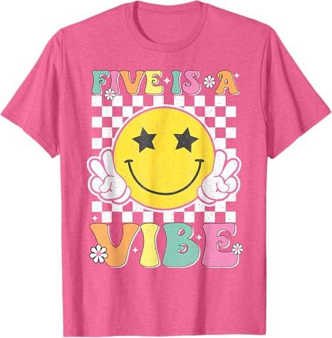 Five Is A Vibe 5th Birthday Groovy Boys Girls 5 Years Old T-Shirt (Pink-Heather) (Small, Men)