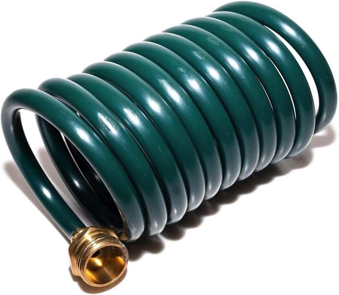 Lightweight EVA Coil 15 ft Garden Hose with 1/2" GHT Solid Brass Fittings, Water Hose with Brass Connectors (15FT, Green)