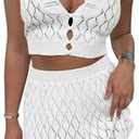Saodimallsu Womens Two Piece Crochet Swimsuit Cover Ups Sleeveless V Neck Crop Tops Skirt Sets Beach Vacation Outfits, Medium, White 