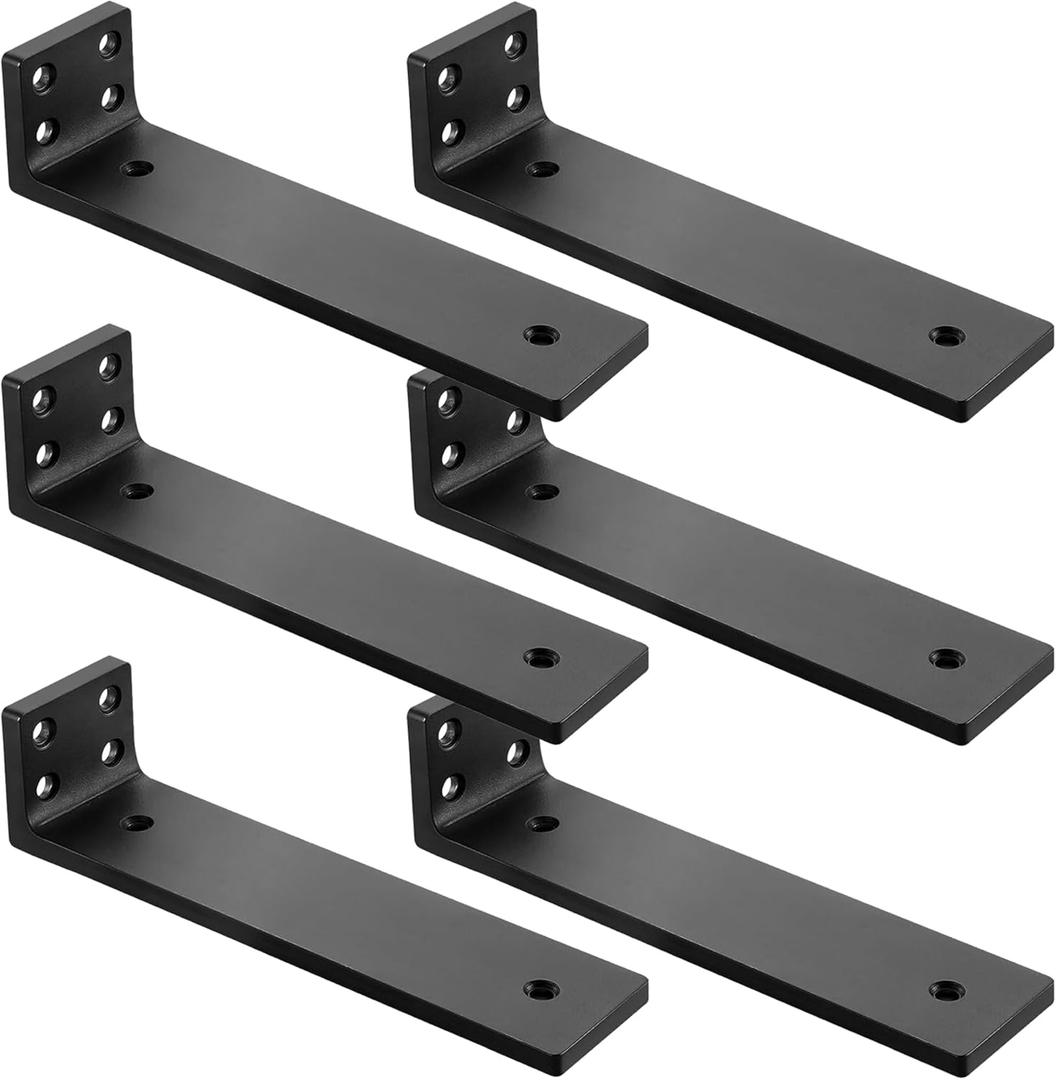 Floating Shelf Brackets 8 inch, Heavy Duty Wall Shelf Bracket 6 Pack for Shelves Support, Hidden Metal L Brackets with Mounting Hardware (1/5'' Thick),8Inch, Black 6 Pack