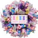 TEMPUS 22" Happy Easter Wreath for Front Door - Colorful Mesh Ribbon Door Hanger with Wooden Sign & Yellow Daisies - Vibrant Spring Porch Decor (Multicolor)