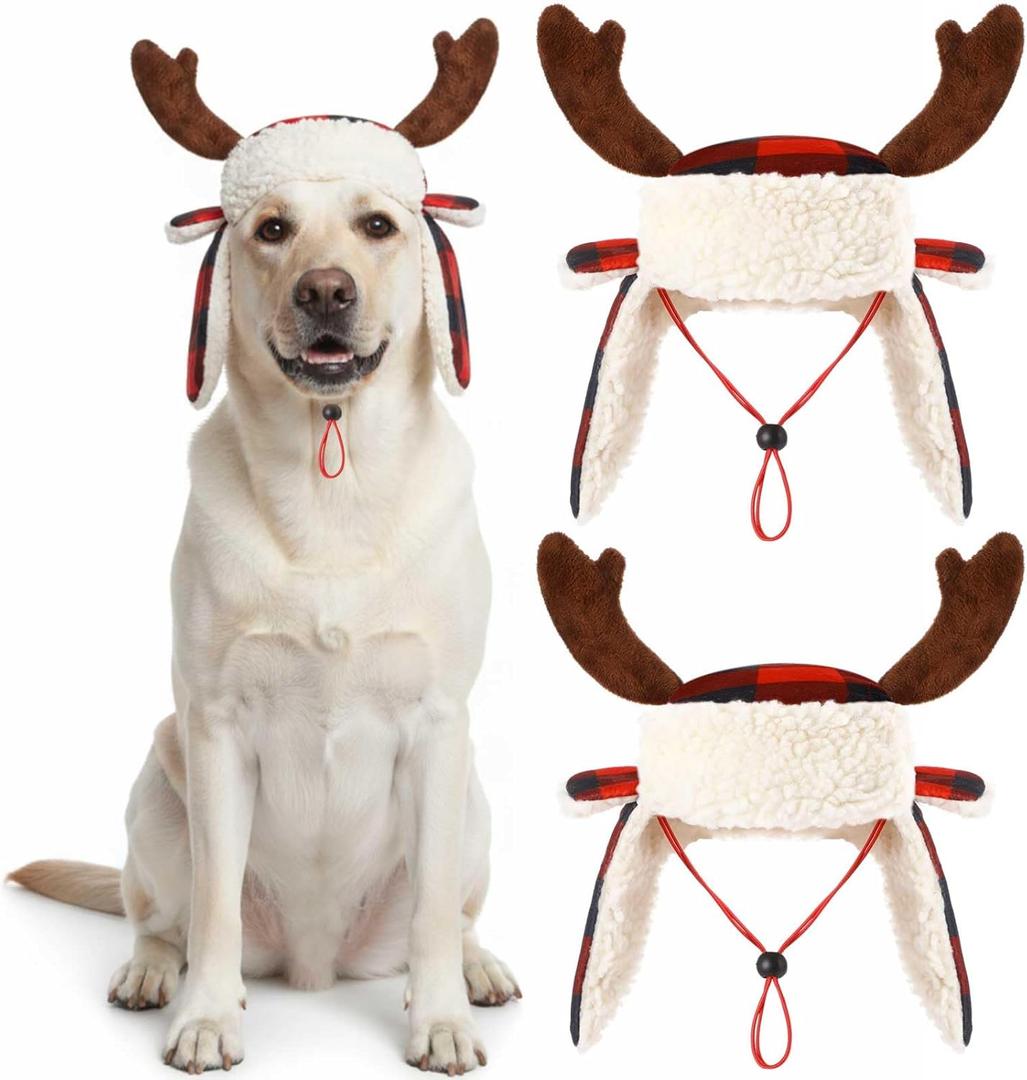 2 Pcs Christmas Antler Check Dog Santa Hat Adjustable Pet Red Plaid Pet Cap Xmas Antler Dog Hats for Small Medium Large Dogs (L)