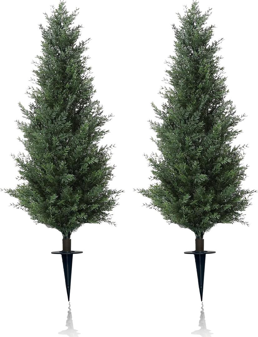 47" Artificial Cypress Topiary Cedar Topiaries for Indoors & Outdoor UV-Resistant Rated with Spike. Easy to Push in The Ground 4FT Home Garden Decor Set of 2