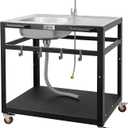 35-Inch Outdoor Grill Cart with Stainless Steel Sink, Rolling BBQ Prep Table with Faucet, Storage Shelves and Lockable Wheels for Patio, Backyard and Outdoor Cooking, Silver & Black