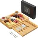 Bamboo Cheese Board Set - Charcuterie Boards and Serving Meat Platter, Cheese Tray with 4 Stainless Steel, 1 Drawers, Cheese Knives Cutting Board Platter, Ideal for Halloween, Wedding, Christmas Gifts