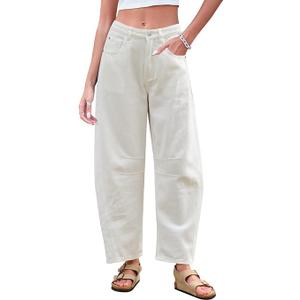 GREAIDEA Mid Rise Barrel Jeans for Women Wide Leg Mid Waist Cropped Denim Pants Y2k Baggy Boyfriend Jeans with Pockets M