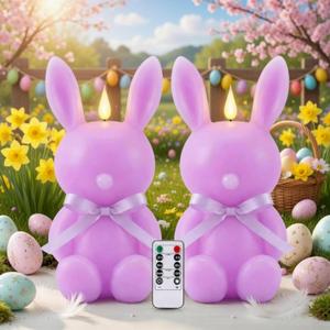 Baquler 2 Pcs Large Easter Bunny Led Flameless Candle 8 Inch Battery Operated Candles with Remote Real Wax Cute Rabbit Shape Candle with Bow 3D Flickering for Gift Home Party Decor (Purple)