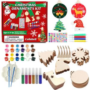 Collabell Christmas Wooden Painting Craft Kit, Paint Your Own Xmas Ornaments, Unfinished Wood Slices Christmas Crafts for Kids Adults, Art and Craft Supplies for Christmas Tree Hanging Decorations (red)