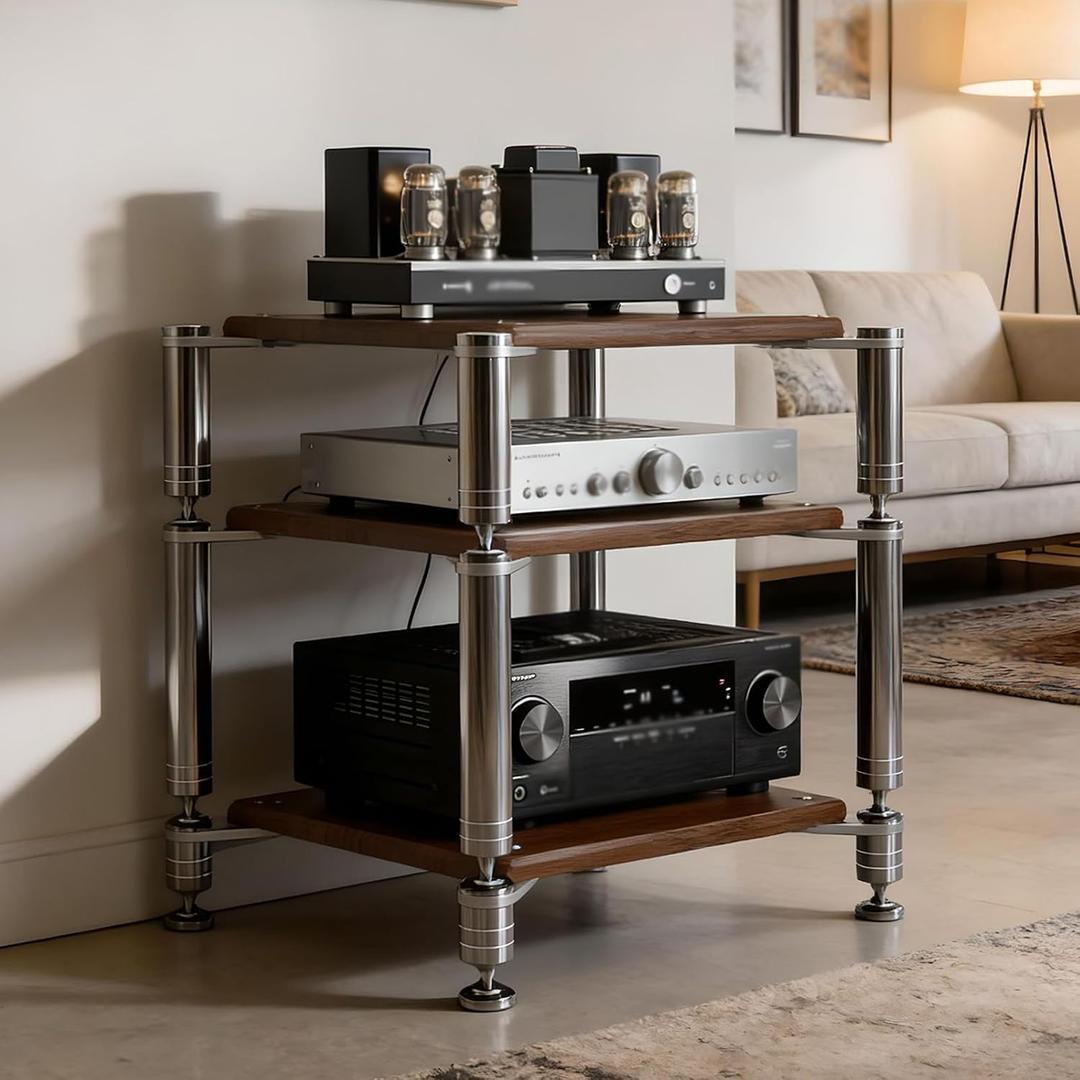Heavy Duty AV Media Stand, AV Component Stand with Stainless Steel Bracket, Stereo Component Rack, Suitable for Living Rooms, Offices and Recording Studios (Black Walnut, 3-Tiers), Each layer can support up to 132 pounds
