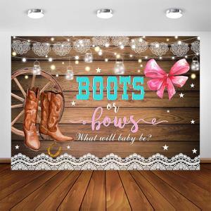 Avezano Boots or Bows Gender Reveal Backdrop Rustic Wooden Cowboy Boots Gender Reveal Party Decorations Boy or Girl Baby Shower Photography Background Cake Table Banner (6x5ft)