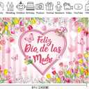Feliz Dia De Las Madres Backdrop Happy Mother's Day Pink Tulip Photo Background Flowers Heart Pink White Stripe Spanish Feliz Dia Mama Girl Woman Birthday Party Decor Banner Photo Props (8x6FT)
