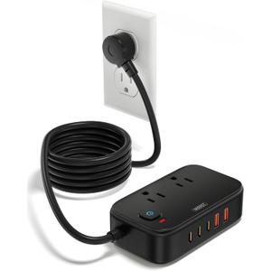 VPSUN Power Strip with USB C - 40W Charging Station with 2 Outlets 3 USB C & 2 USB A - Charger for Multiple Devices, 5Ft Flat Plug Extension Cord for Travel Cruise Ship Office Dorm (Black)