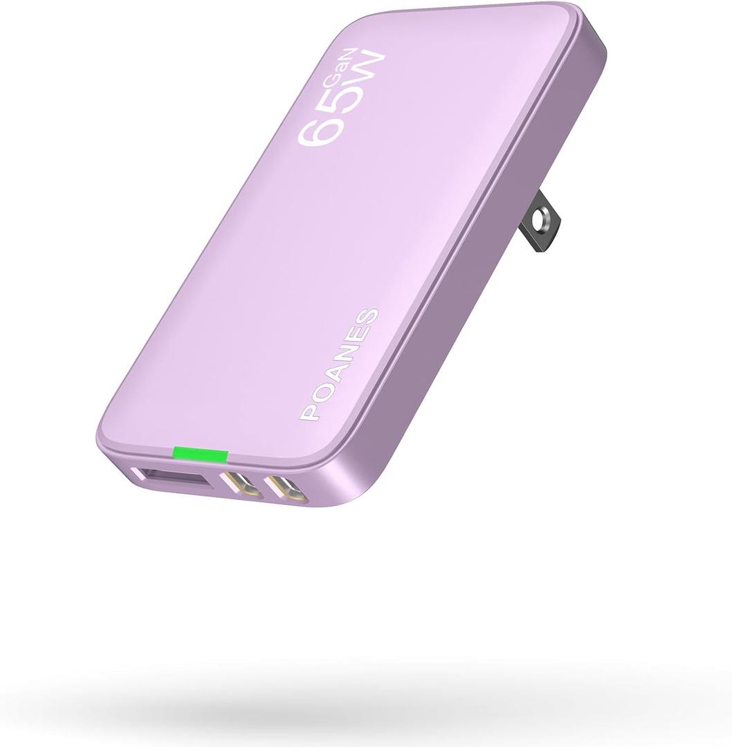 65W GaN USB C Charger, Ultra-Slim Wall Charger (Dual USB-C + USB-A) with PD3.0/PPS, Foldable Plug for Travel for MacBook, Laptops, Tablets, iPhone (Lavender Pink-65W)