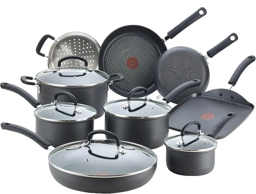 T-fal Ultimate Hard Anodized Nonstick Cookware Set 14 Piece, Oven Broiler Safe 400F, Lid Safe 350F, Kitchen Cooking Set w/Fry Pans, Saucepans, Griddle, Dutch Oven, Pots & Pans, Dishwasher Safe, Black