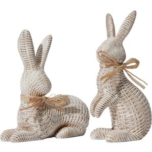 DN DECONATION Easter Decorations Bunny Figurines Set, Rattan Effect Resin Beige Bunnies Standing & Lying with Bow, Farmhouse Spring Tabletop Decor for Mantel Shelf Office Home Gift