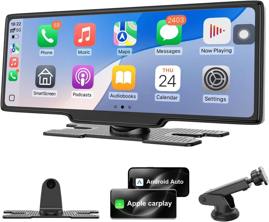 Wireless Carplay Screen for Car, 10.26" Apple Car Play & Android Auto Screen, Car Tablet, Audio Receivers Touchscreen with GPS Navigation/Mirror Link/Siri/FM (No Front & Rear Cameras)