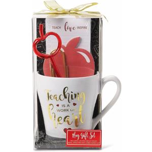 VOTUM Teacher Appreciation Gift for Women or Men - Bundle Includes Mug, Writing Pad, Apple-Shaped Pen and Sticky Notes, Jumbo Gold Paper Clip - Heart Coffee Cup - Teacher Appreciation Week Thank You