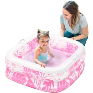SLOOSH Inflatable Kiddie Pool for Kids, 32"x32"x8.5" Swimming Pool with Soft Pad for Kid & Toddler, Square Blow Up Baby Ball Play Pit Pools for Swim Party, Portable Indoor & Outdoor Water Toys (Pink)