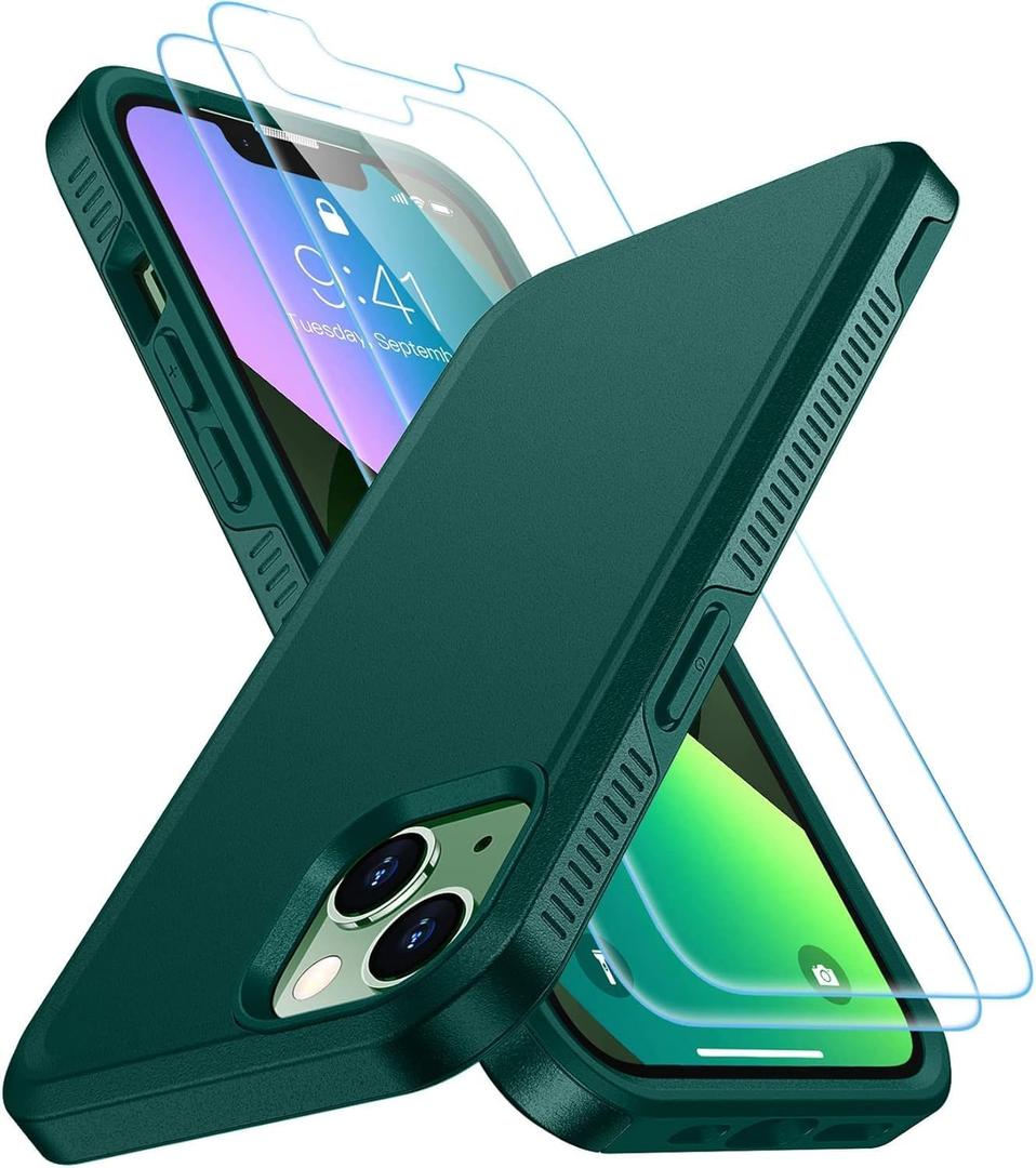 SPIDERCASE Designed for iPhone 13 Case, [10 FT Military Grade Drop Protection] [with 2 pcs Tempered Glass Screen Protector] Slim Case for iPhone 13 6.1 inch (Midnight Green)