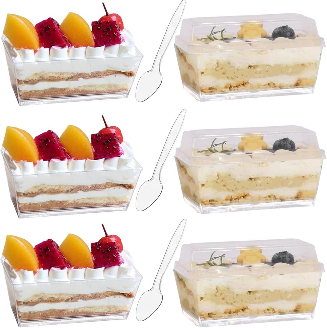 100 Set 140ml/4.8 oz Clear Dessert Cups with Lids and Spoons, Rectangular Dessert Cups, Mini Clear Appetiser Serving Bowls for Desserts, Mousse, Puddings