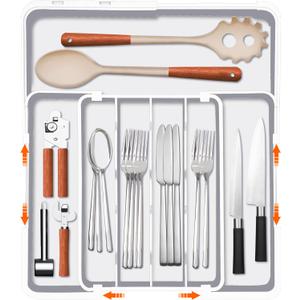 Homecor Silverware Drawer Organizer, Adjustable Kitchen Drawer Organizer, Expands from 4 to 7 Slots, Non-Slip BPA-Free Flatware Cutlery Utensil Holder for Forks Knives Spoons and Kitchen Utensil,White