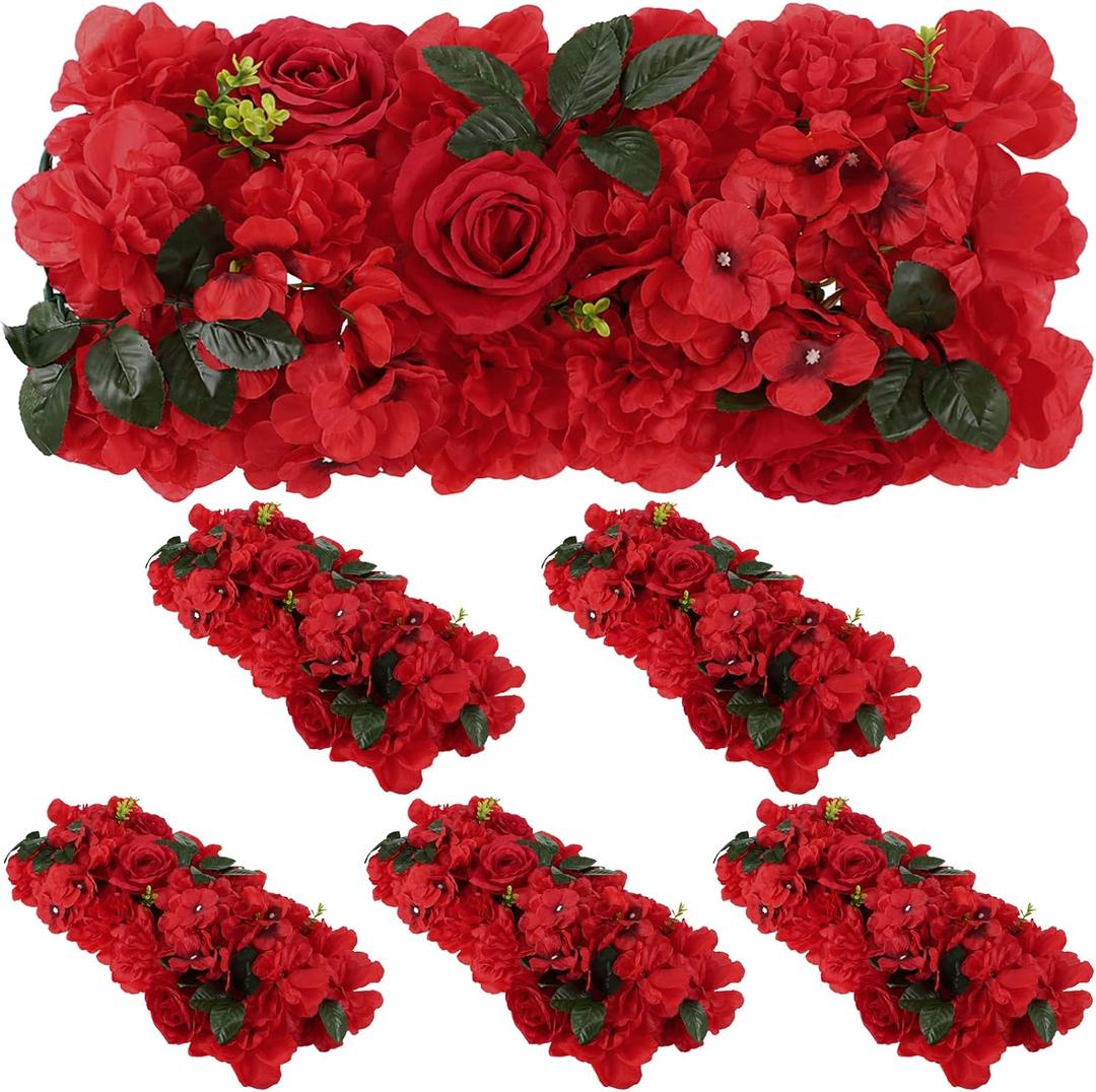6 PCS Wedding Arch Artificial Flower Panels, Red Faux Floral Swags with Rose and Hydrangea Style Flowers for Backdrop, Wall Decor, Table Centerpiece, Aisle Runner and Party Decor