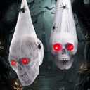 Halloween Decorations Outdoor 2 Packs Hanging Skull Decor Indoor Scaring Skull with Light up Eyes Spider Web Haunted House Hanging Skeleton Ghost for Yard Tree Decors Halloween Party Decor