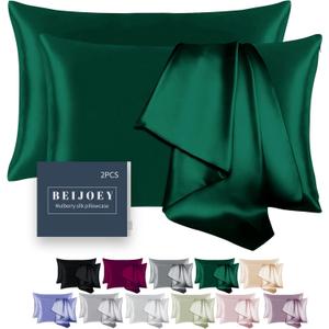 100% Mulberry Silk Pillowcase 2 Pack for Hair and Skin,with Hidden Zipper,Both Sides 19 Momme 600 Thread Count Natural Silk Pillow Cover,Soft Breathable Smooth (Dark Green, Standard 20''x26'')